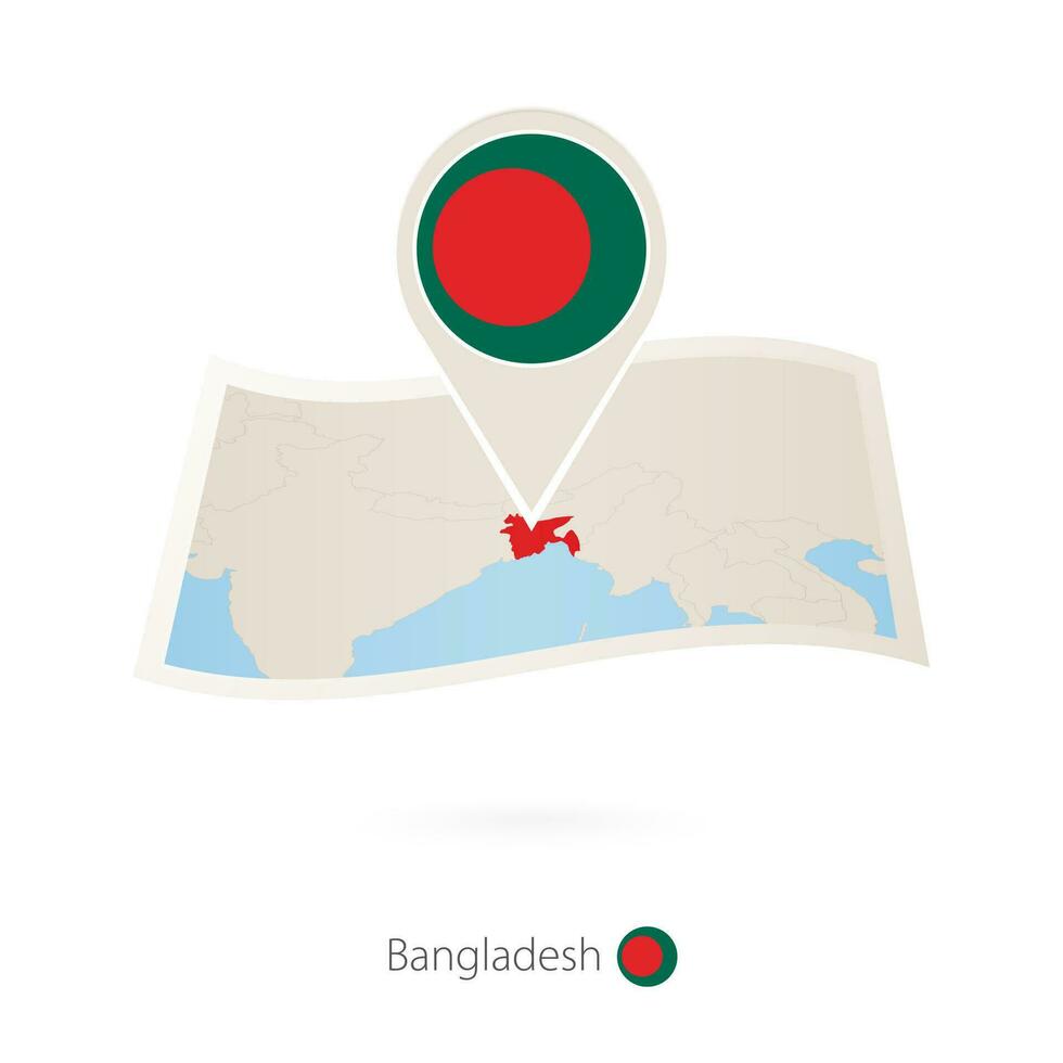 Folded paper map of Bangladesh with flag pin of Bangladesh. vector