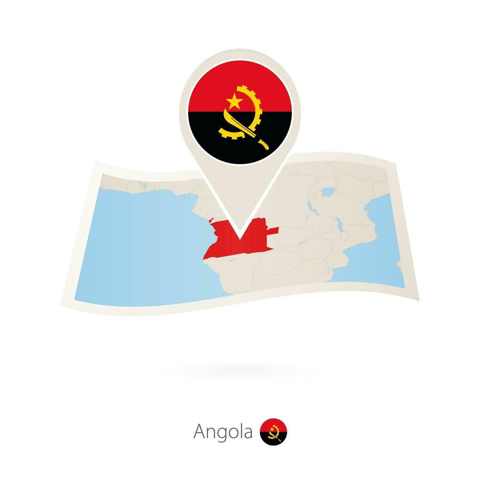 Folded paper map of Angola with flag pin of Angola. vector