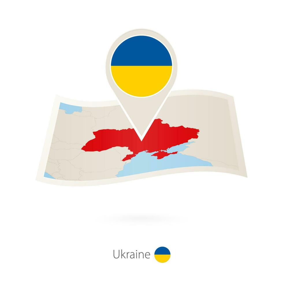 Folded paper map of Ukraine with flag pin of Ukraine. vector