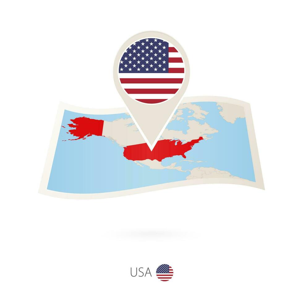 Folded paper map of USA with flag pin of United States of America. vector