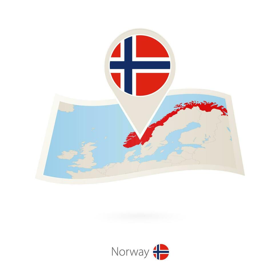 Folded paper map of Norway with flag pin of Norway. vector