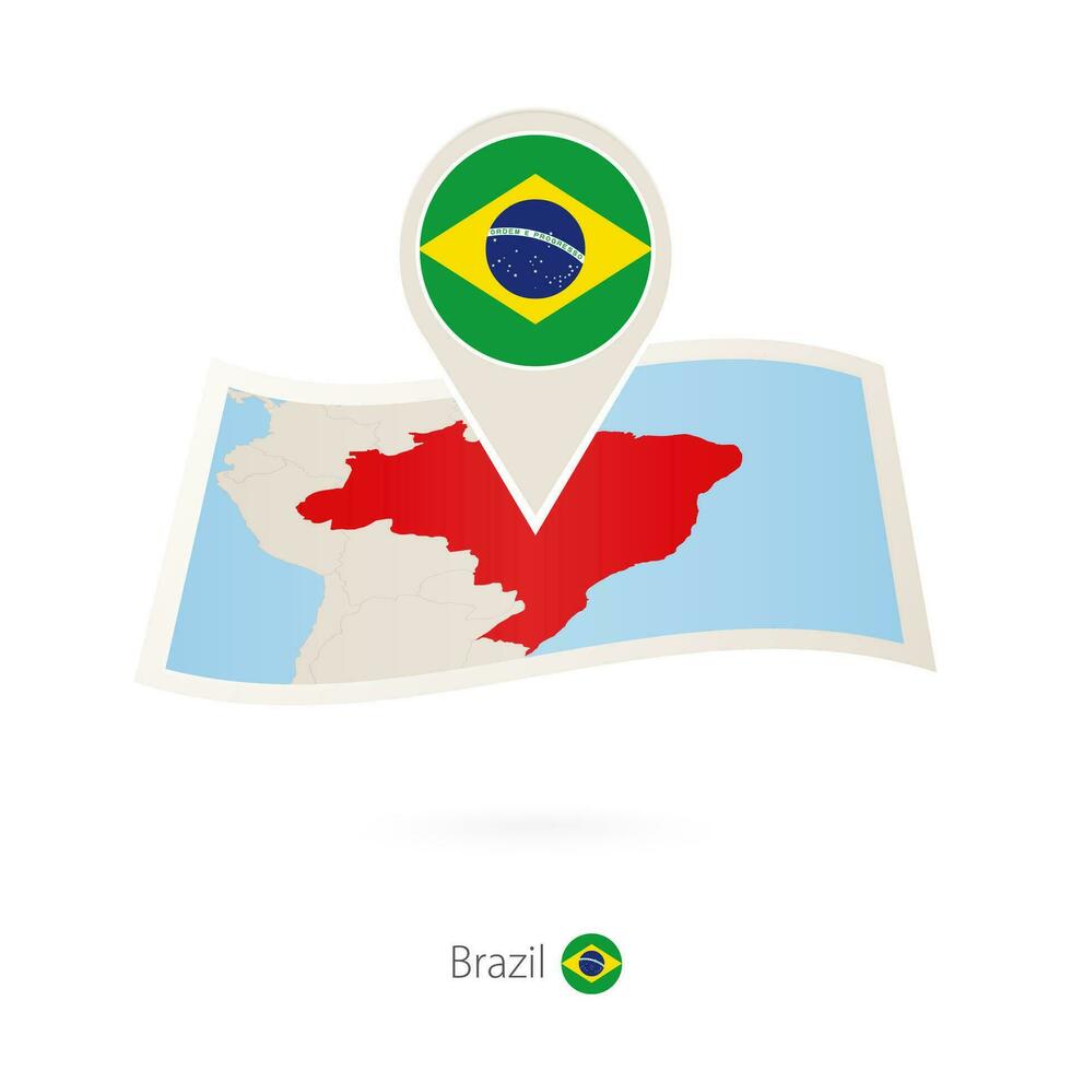 Folded paper map of Brazil with flag pin of Brazil. vector