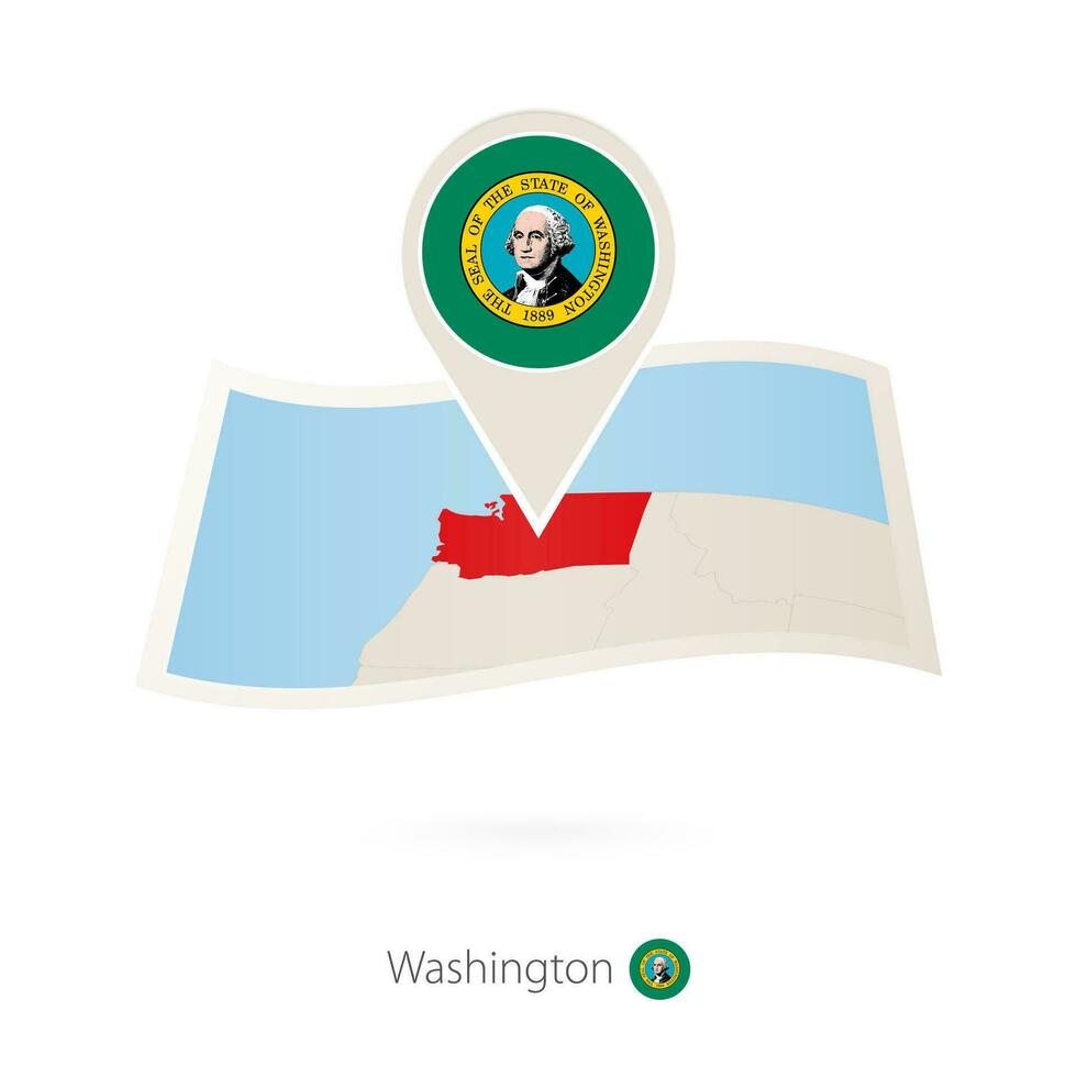 Folded paper map of Washington U.S. State with flag pin of Washington. vector