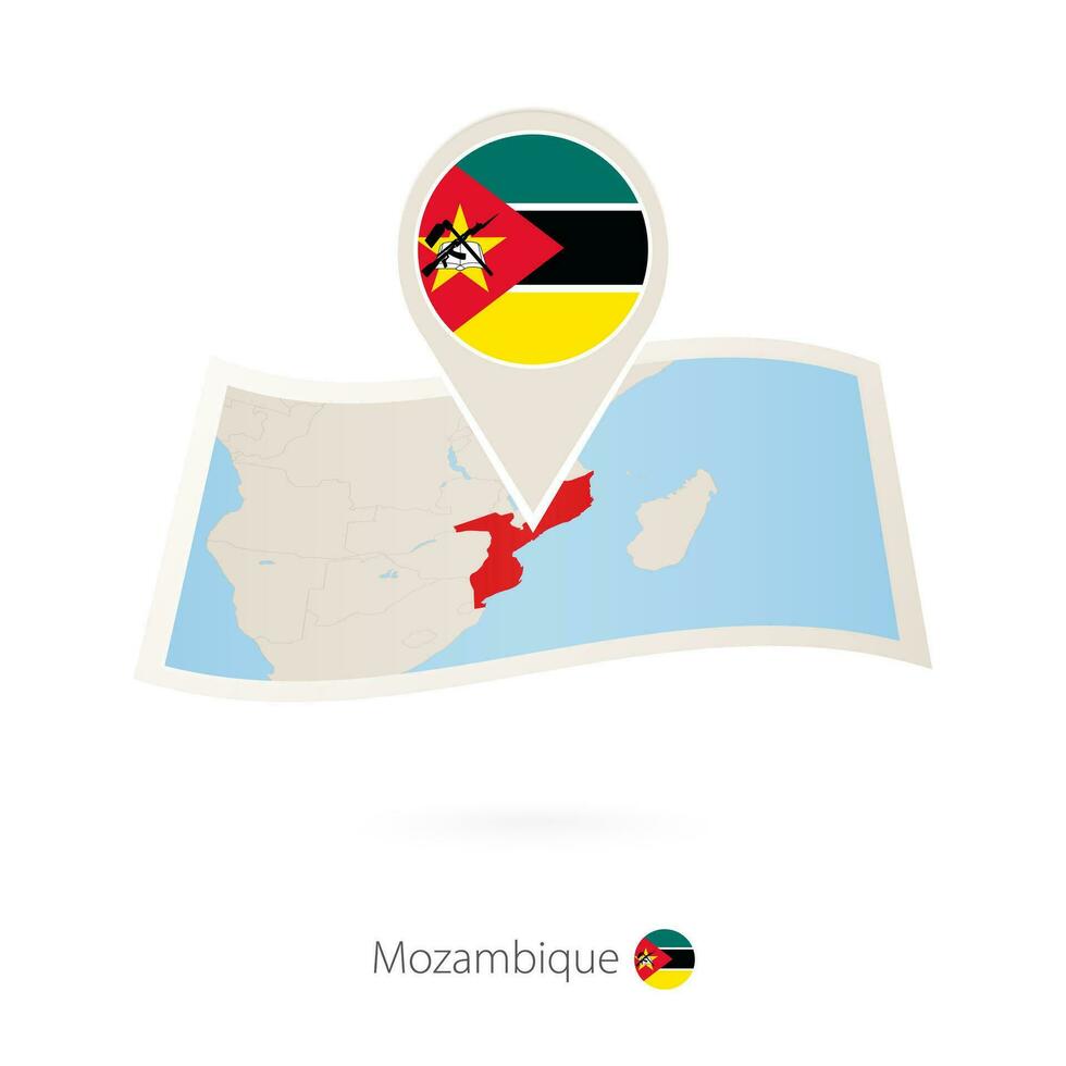 doblada papel mapa de Mozambique con bandera alfiler de Mozambique. vector