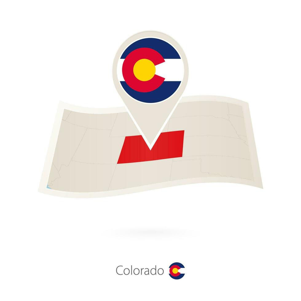 Folded paper map of Colorado U.S. State with flag pin of Colorado. vector