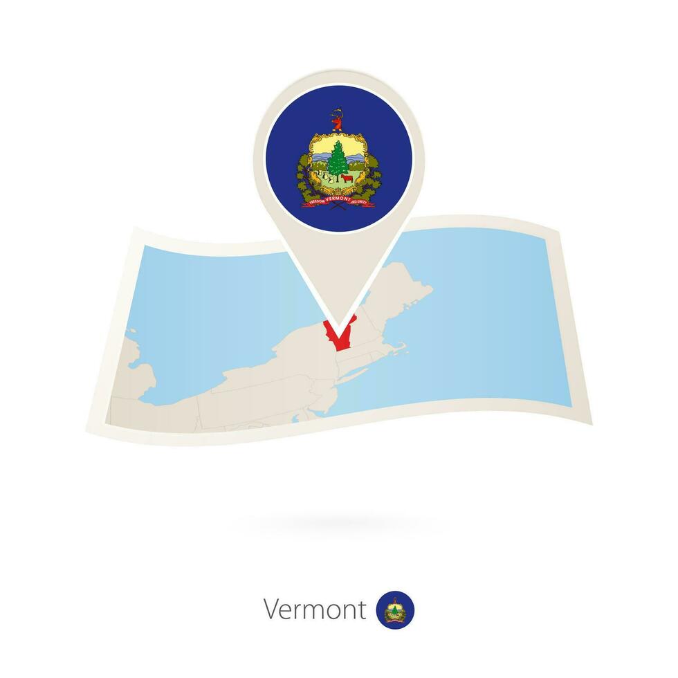 Folded paper map of Vermont U.S. State with flag pin of Vermont. vector