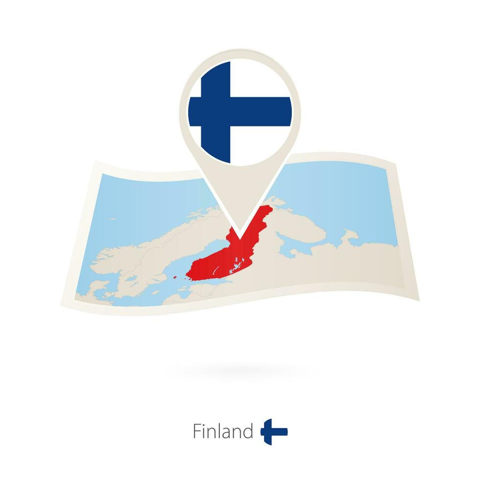 Folded paper map of Finland with flag pin of Finland. vector