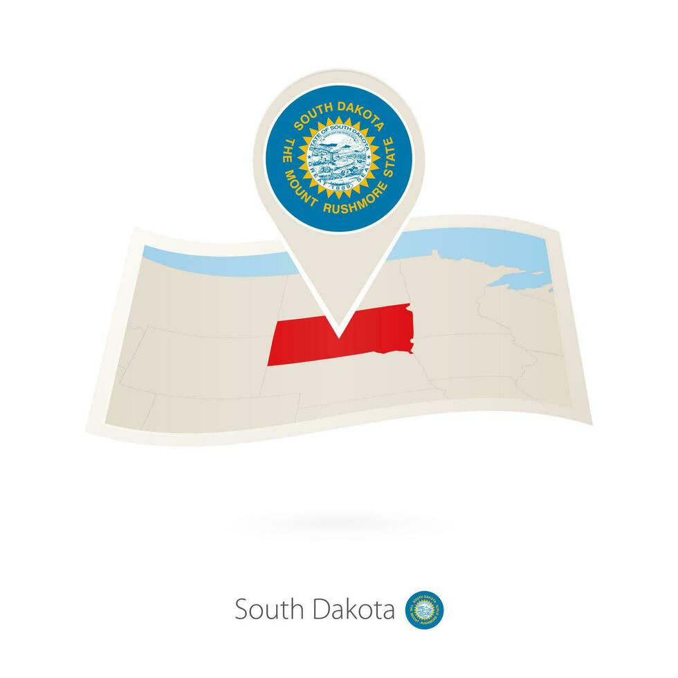Folded paper map of South Dakota U.S. State with flag pin of South Dakota. vector