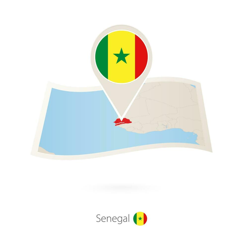 Folded paper map of Senegal with flag pin of Senegal. vector
