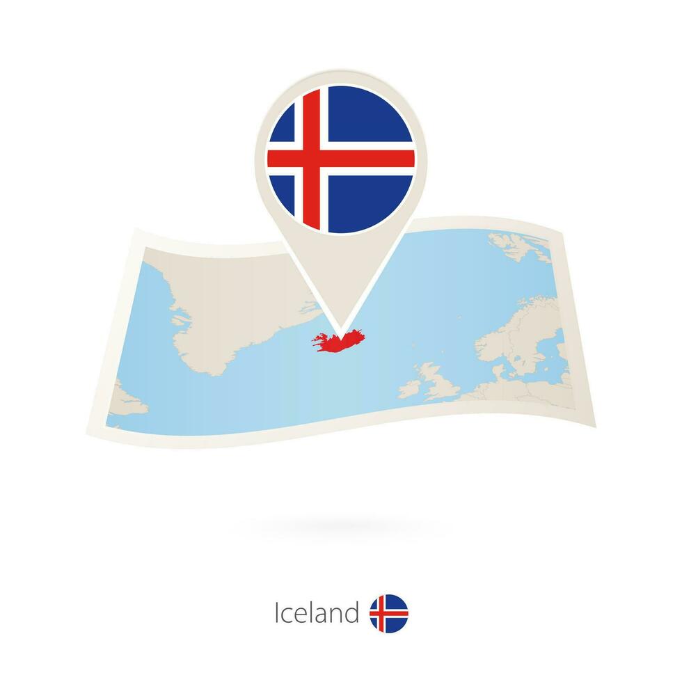 Folded paper map of Iceland with flag pin of Iceland. vector