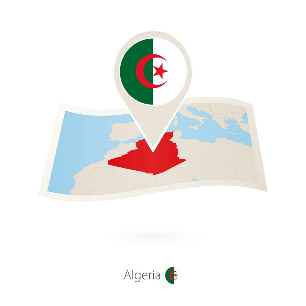 Folded paper map of Algeria with flag pin of Algeria. vector