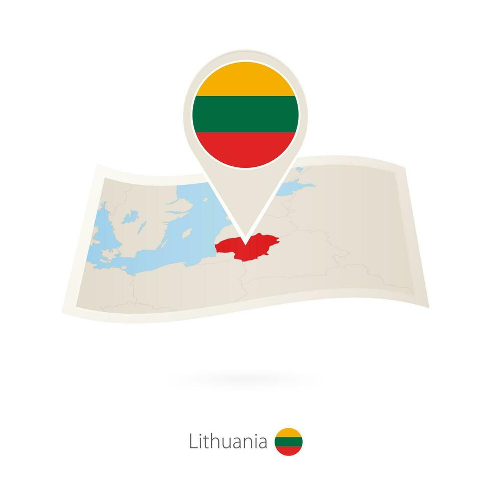 Folded paper map of Lithuania with flag pin of Lithuania. vector