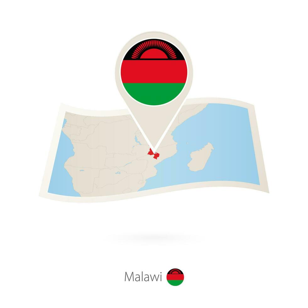 doblada papel mapa de malawi con bandera alfiler de malaui vector