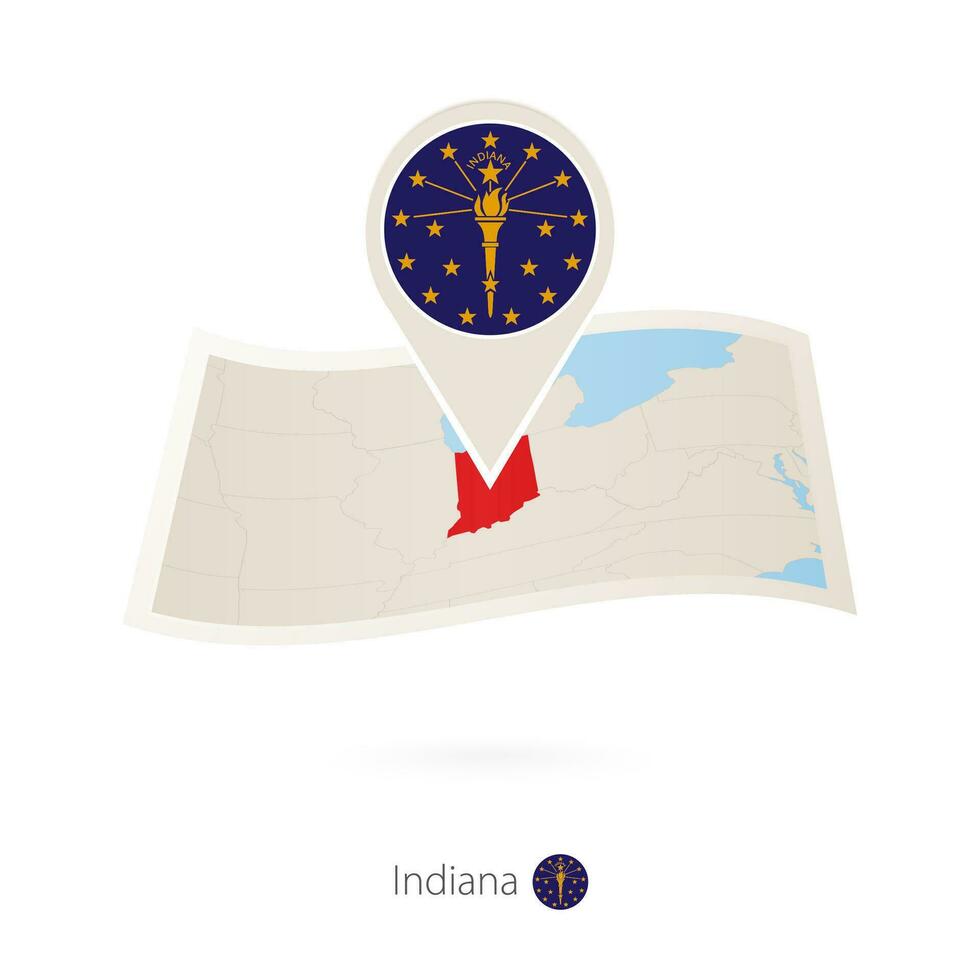 doblada papel mapa de Indiana nos estado con bandera alfiler de Indiana. vector