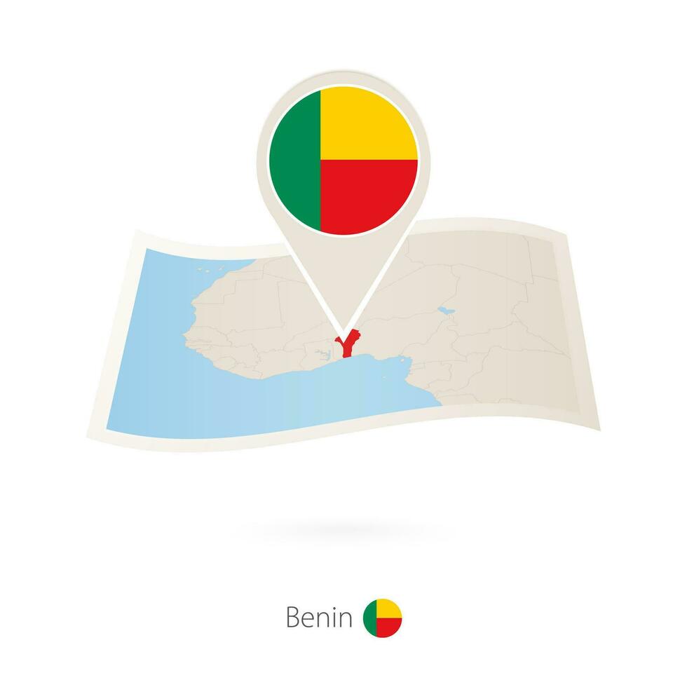 Folded paper map of Benin with flag pin of Benin. vector