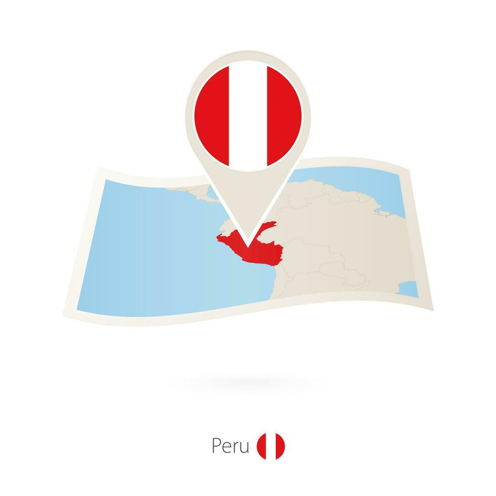 Folded paper map of Peru with flag pin of Peru. vector