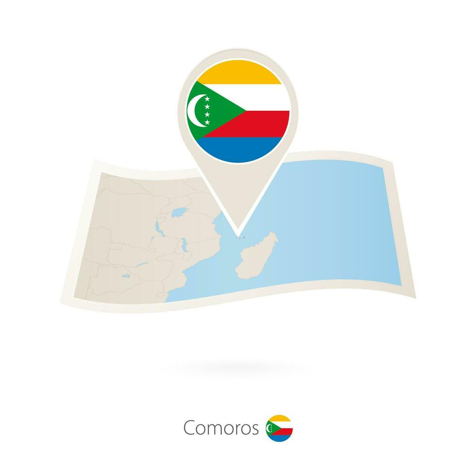 Folded paper map of Comoros with flag pin of Comoros. vector