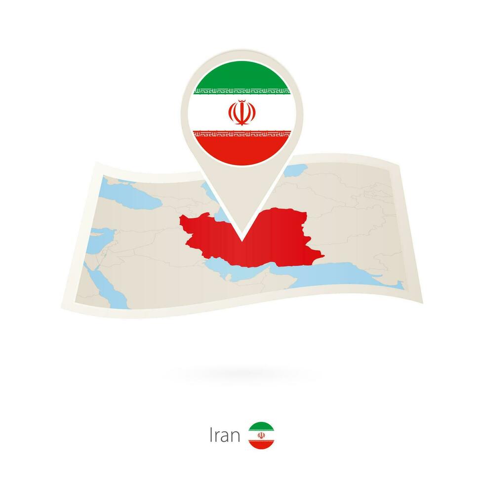 Folded paper map of Iran with flag pin of Iran. vector
