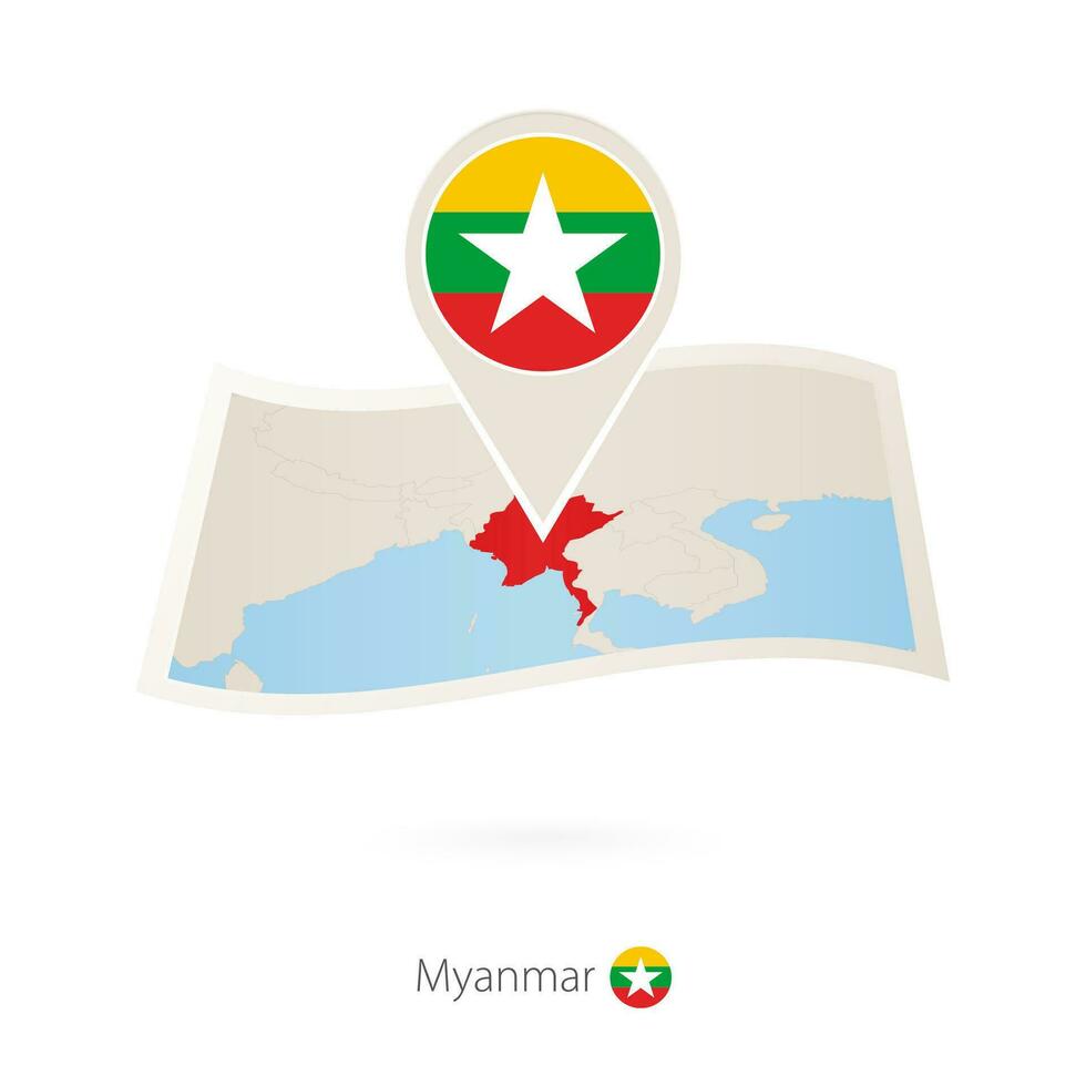 Folded paper map of Myanmar with flag pin of Myanmar. vector