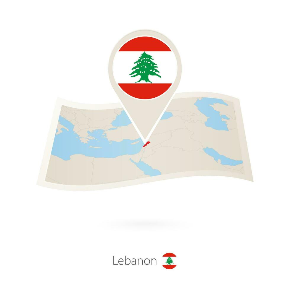 Folded paper map of Lebanon with flag pin of Lebanon. vector