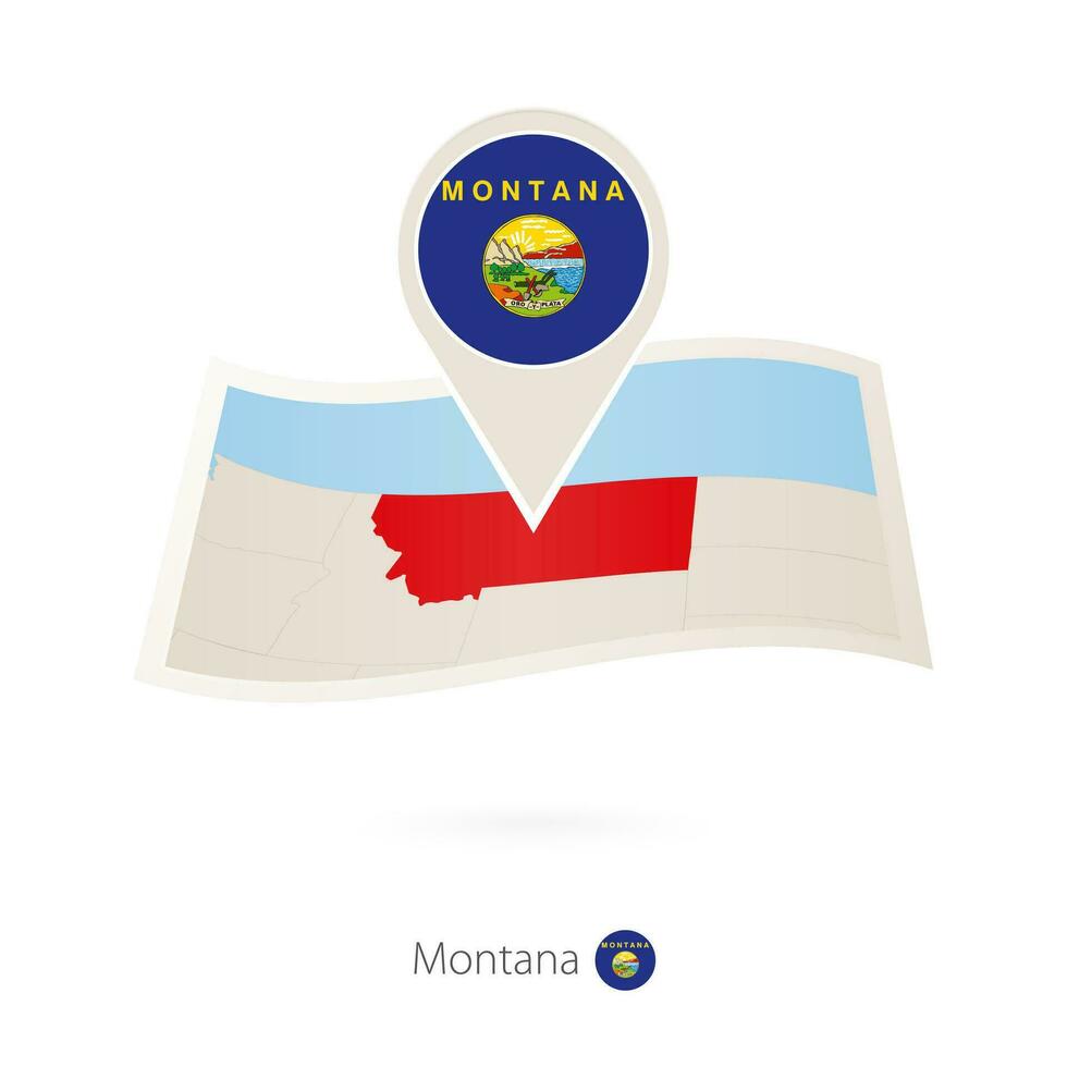 Folded paper map of Montana U.S. State with flag pin of Montana. vector