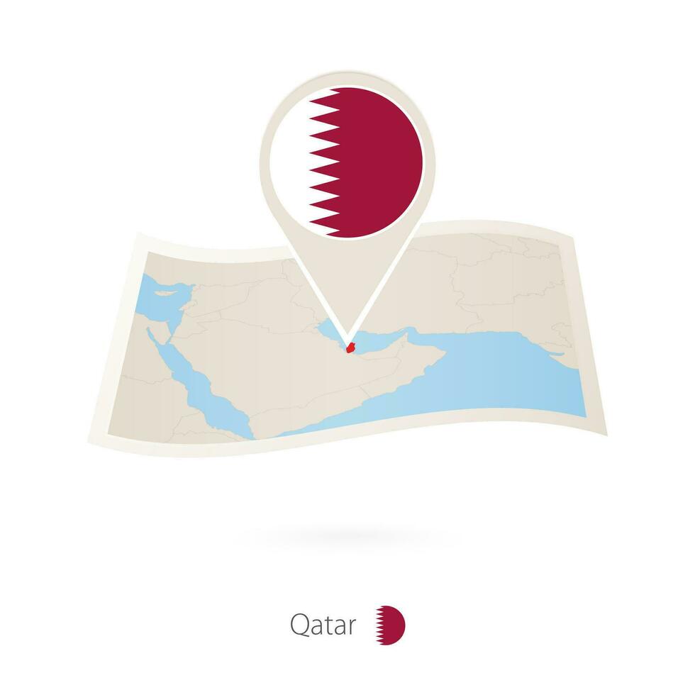 Folded paper map of Qatar with flag pin of Qatar. vector