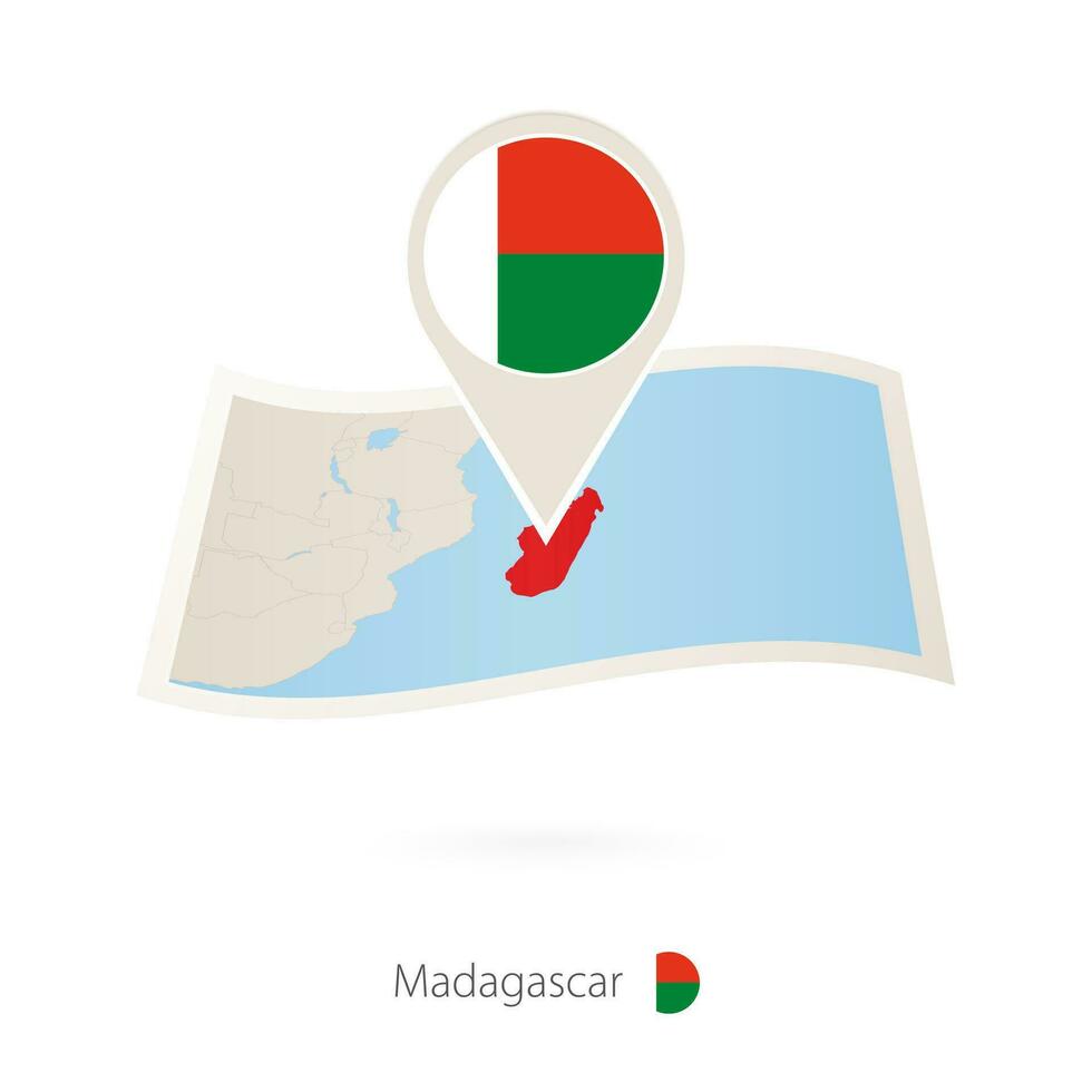 Folded paper map of Madagascar with flag pin of Madagascar. vector