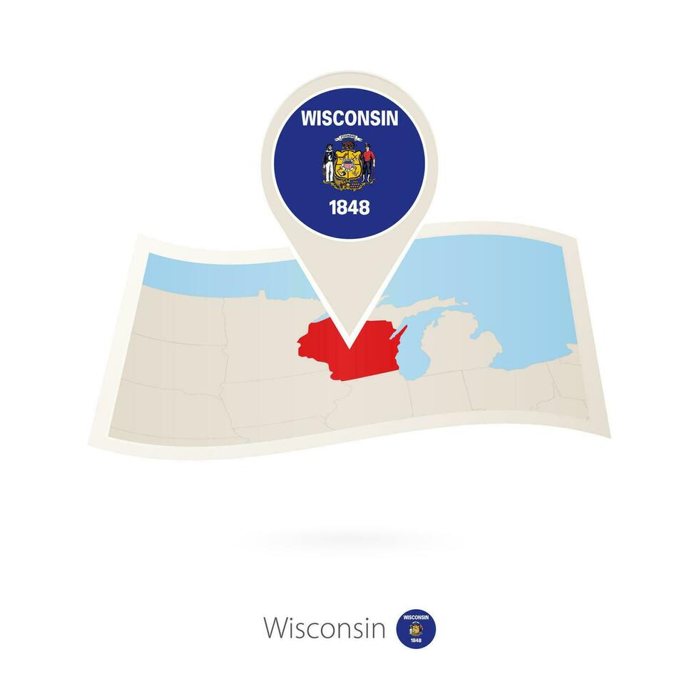 Folded paper map of Wisconsin U.S. State with flag pin of Wisconsin. vector