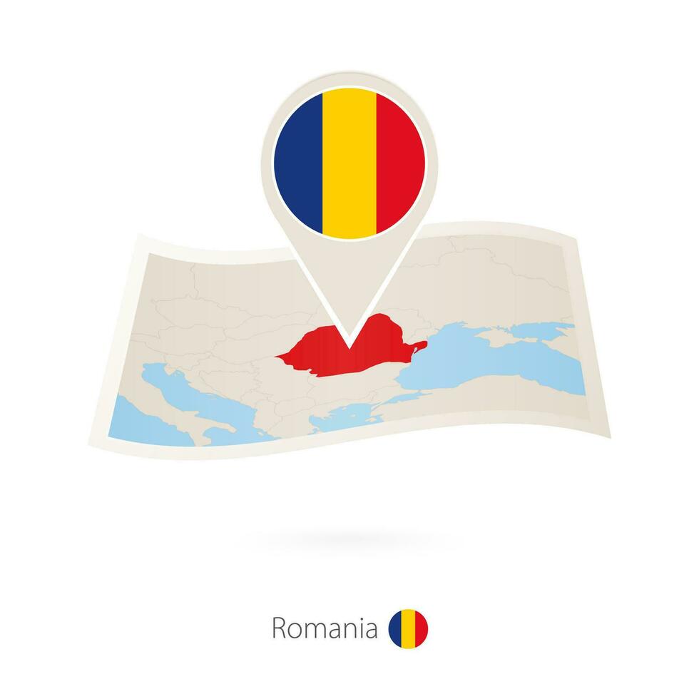 doblada papel mapa de Rumania con bandera alfiler de Rumania. vector