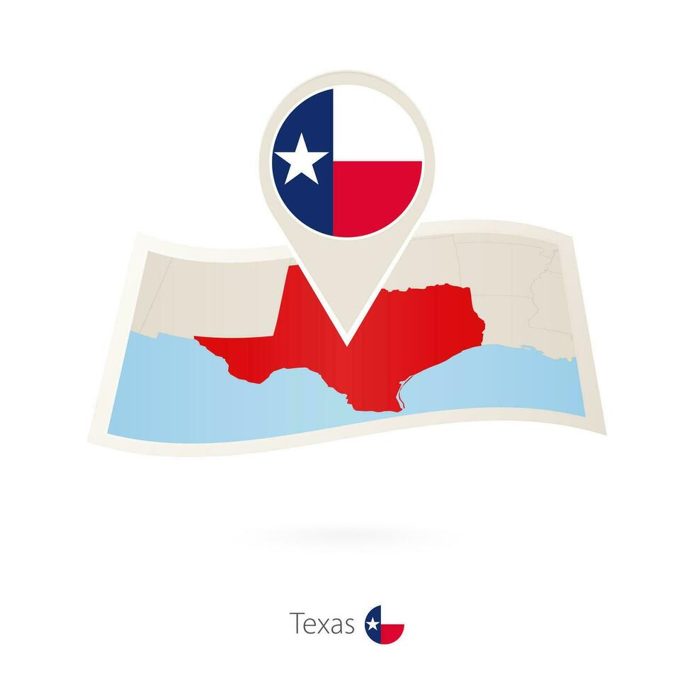 doblada papel mapa de Texas nos estado con bandera alfiler de Texas. vector