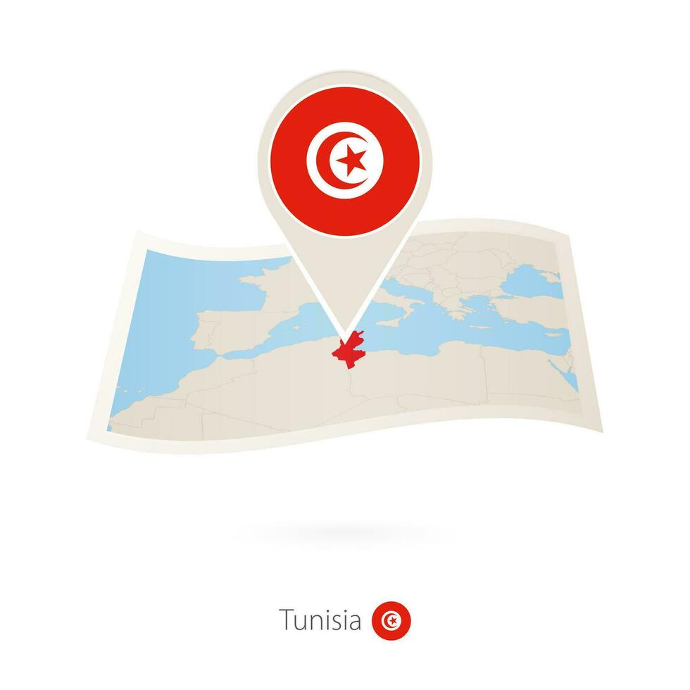 Folded paper map of Tunisia with flag pin of Tunisia. vector