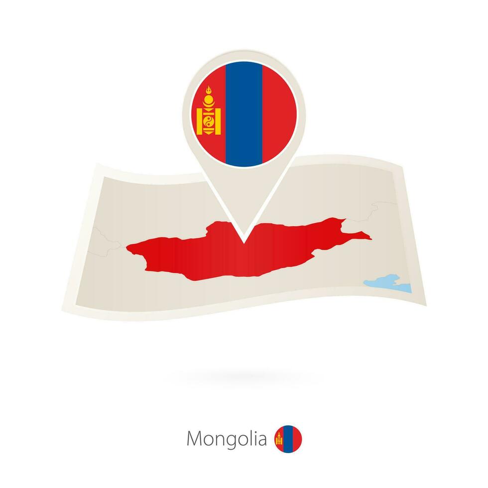 Folded paper map of Mongolia with flag pin of Mongolia. vector