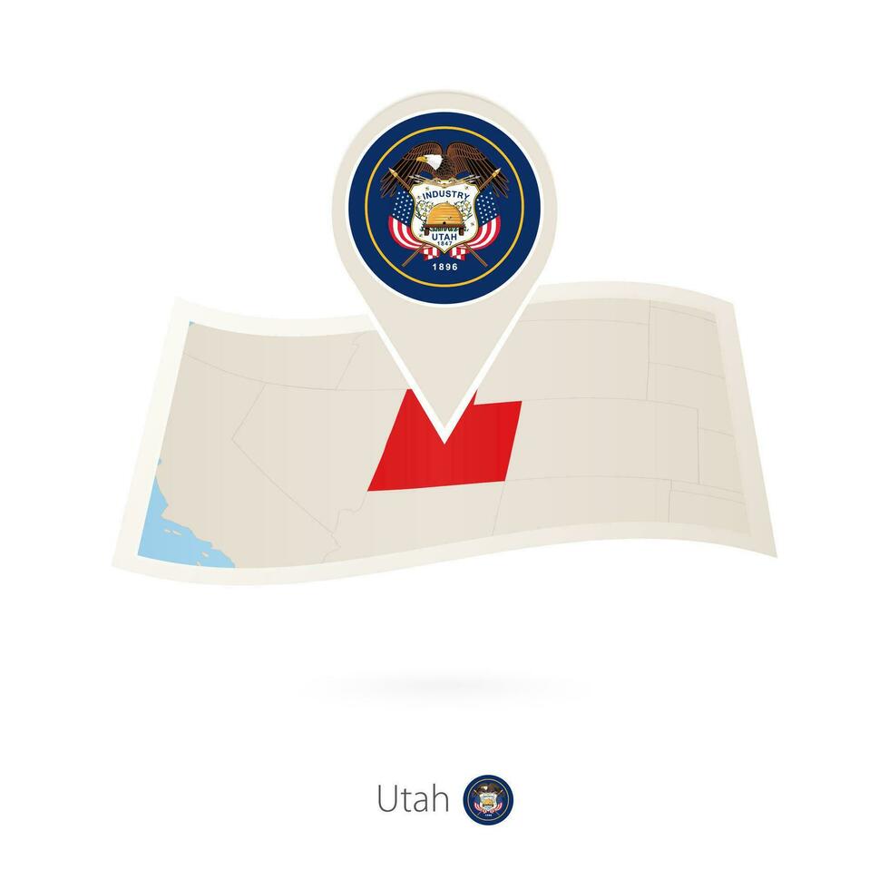 Folded paper map of Utah U.S. State with flag pin of Utah. vector