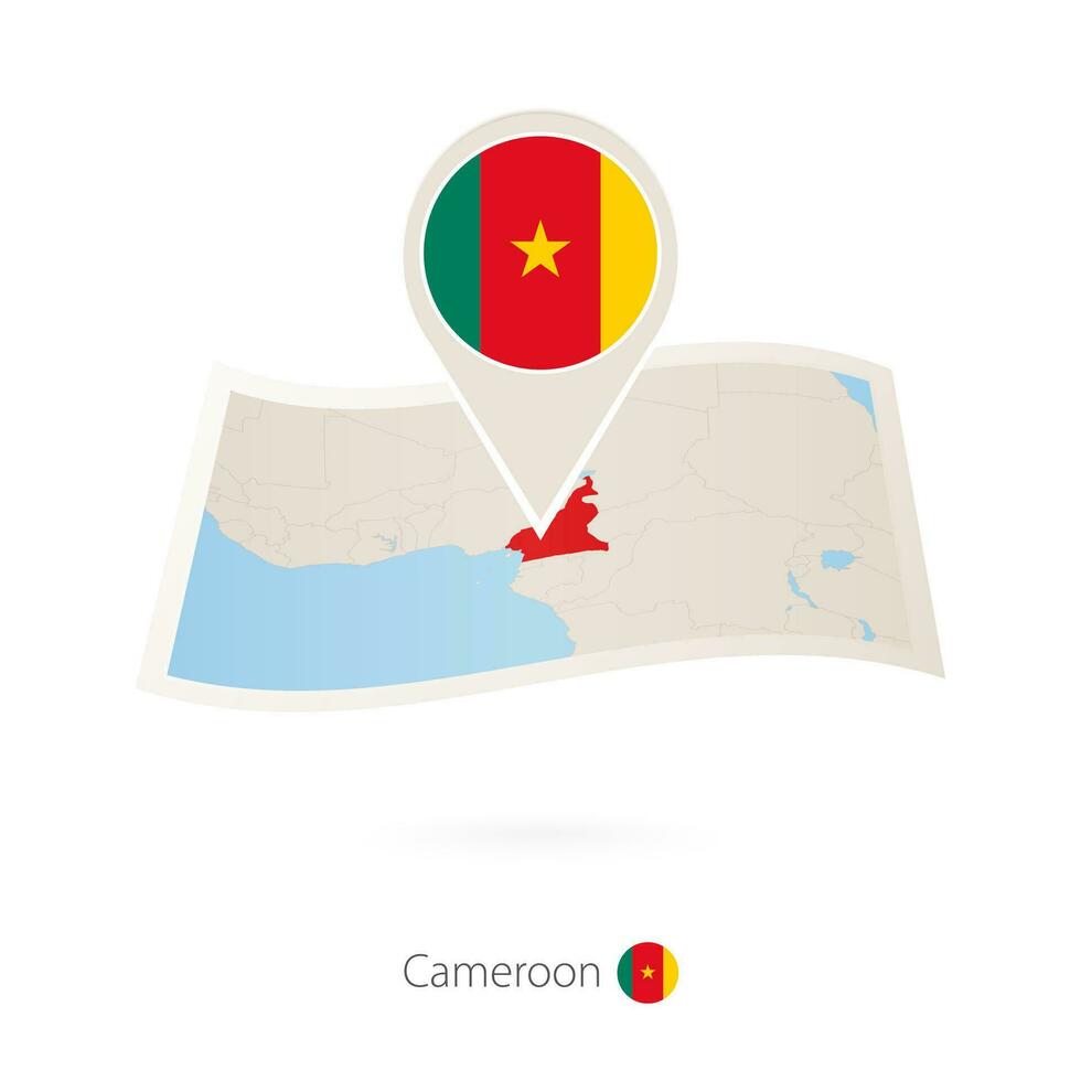 doblada papel mapa de Camerún con bandera alfiler de Camerún. vector