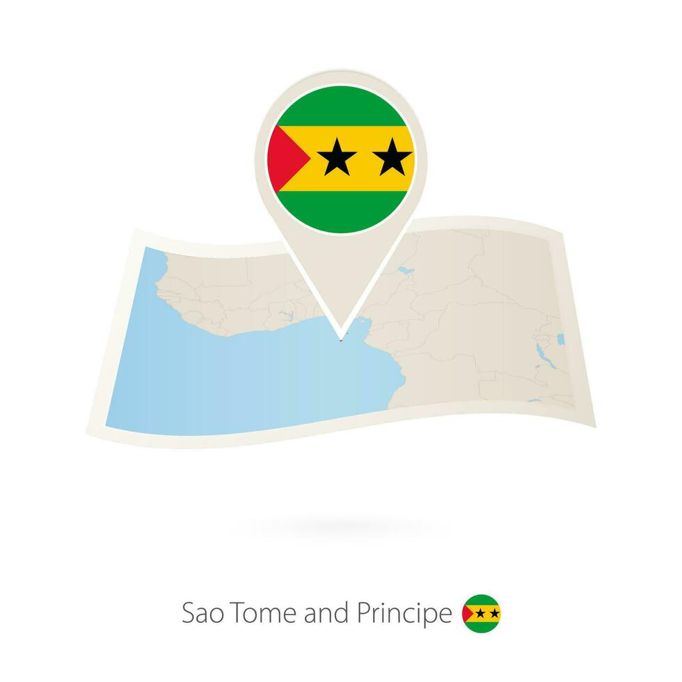 Folded paper map of Sao Tome and Principe with flag pin of Sao Tome and Principe. vector