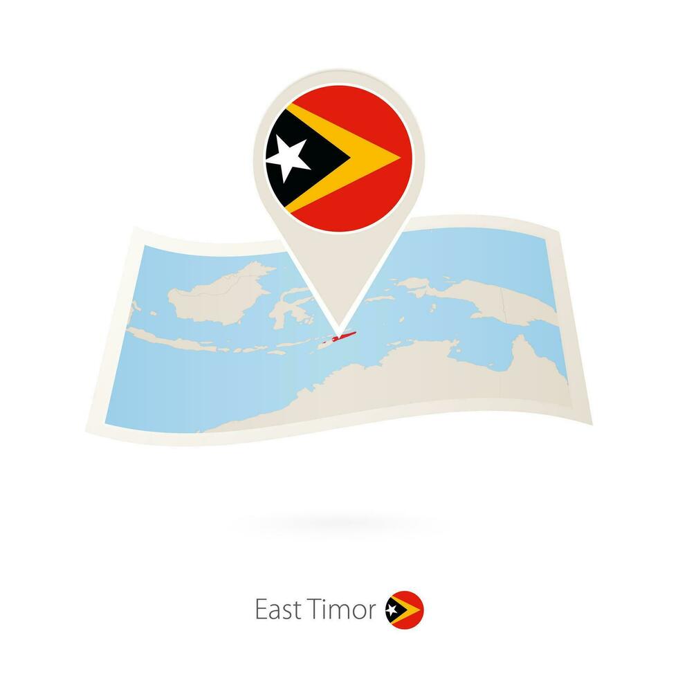 Folded paper map of East Timor with flag pin of East Timor. vector