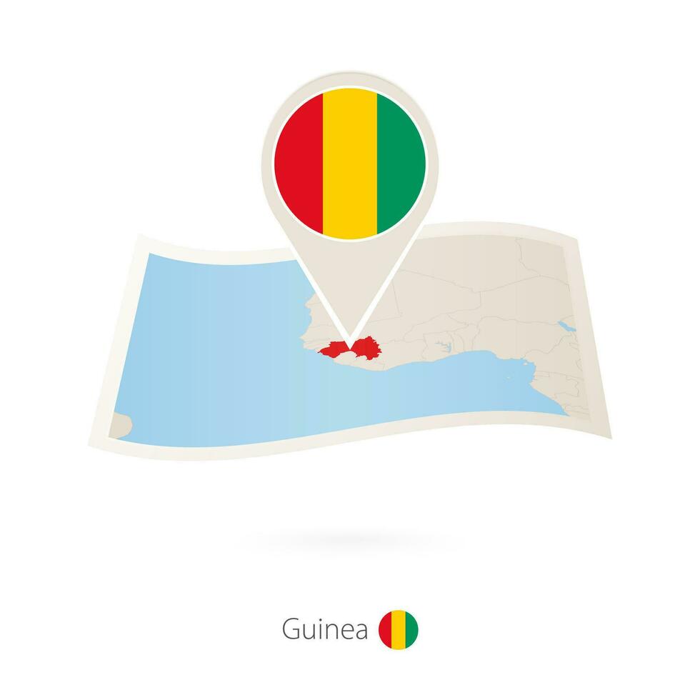 Folded paper map of Guinea with flag pin of Guinea. vector