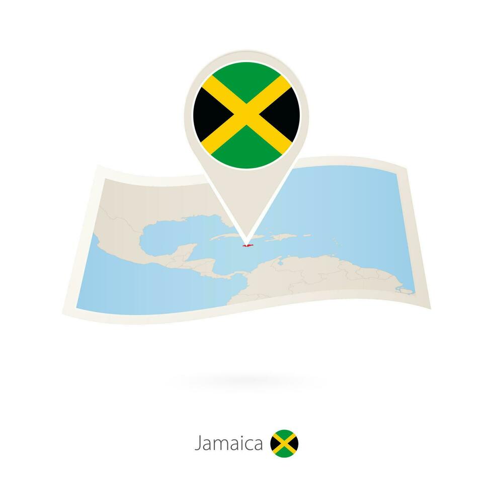 Folded paper map of Jamaica with flag pin of Jamaica. vector