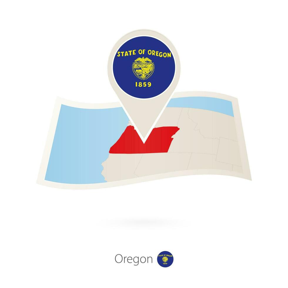 Folded paper map of Oregon U.S. State with flag pin of Oregon. vector