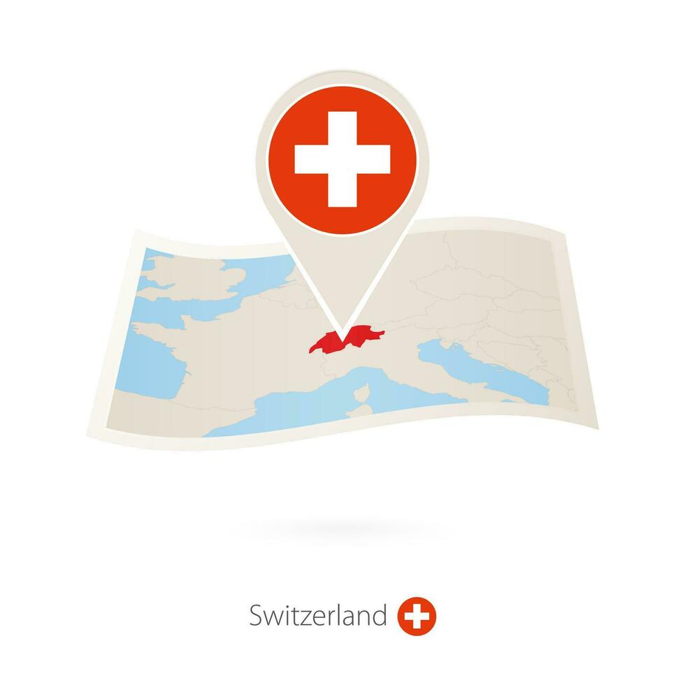 Folded paper map of Switzerland with flag pin of Switzerland. vector