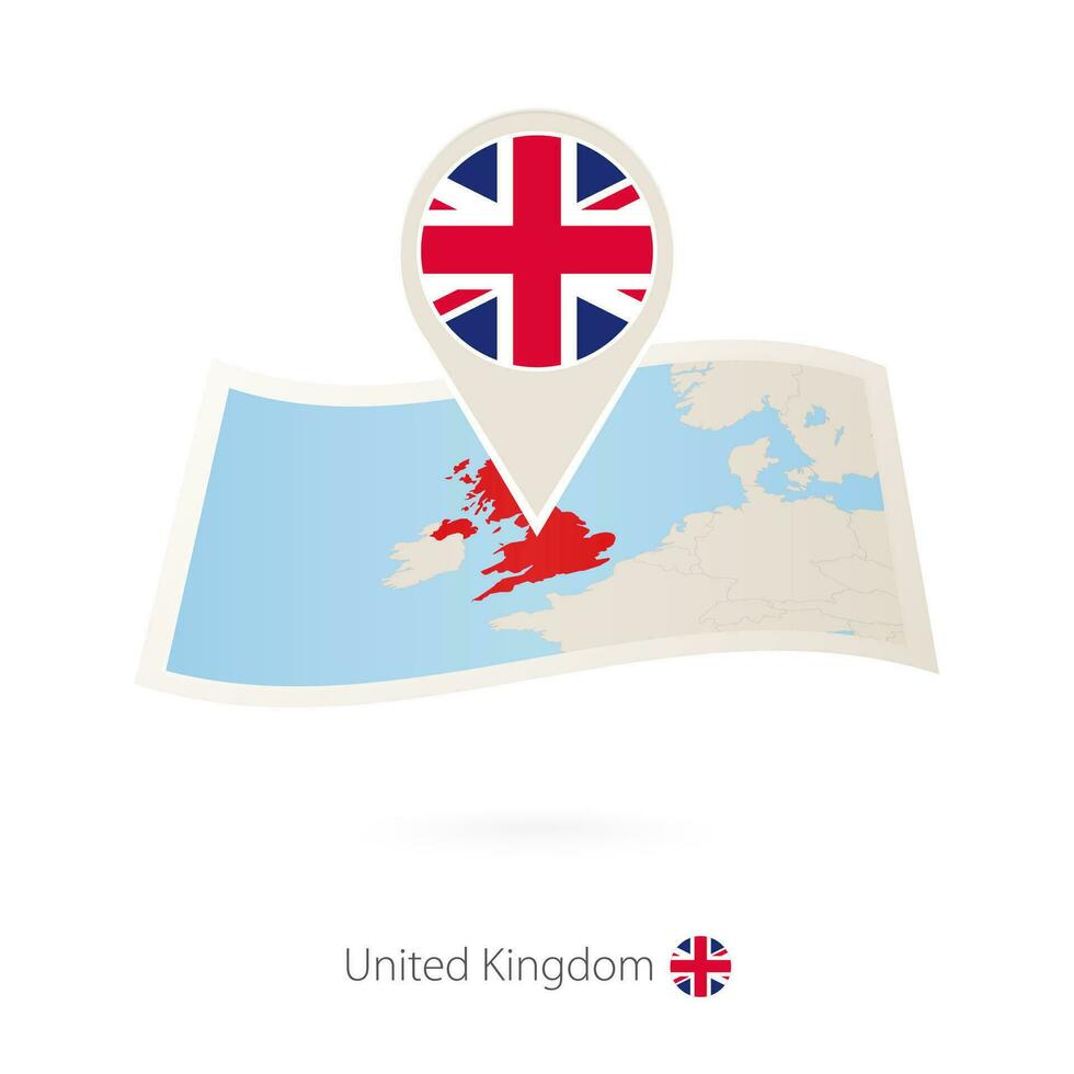 Folded paper map of United Kingdom with flag pin of UK. vector