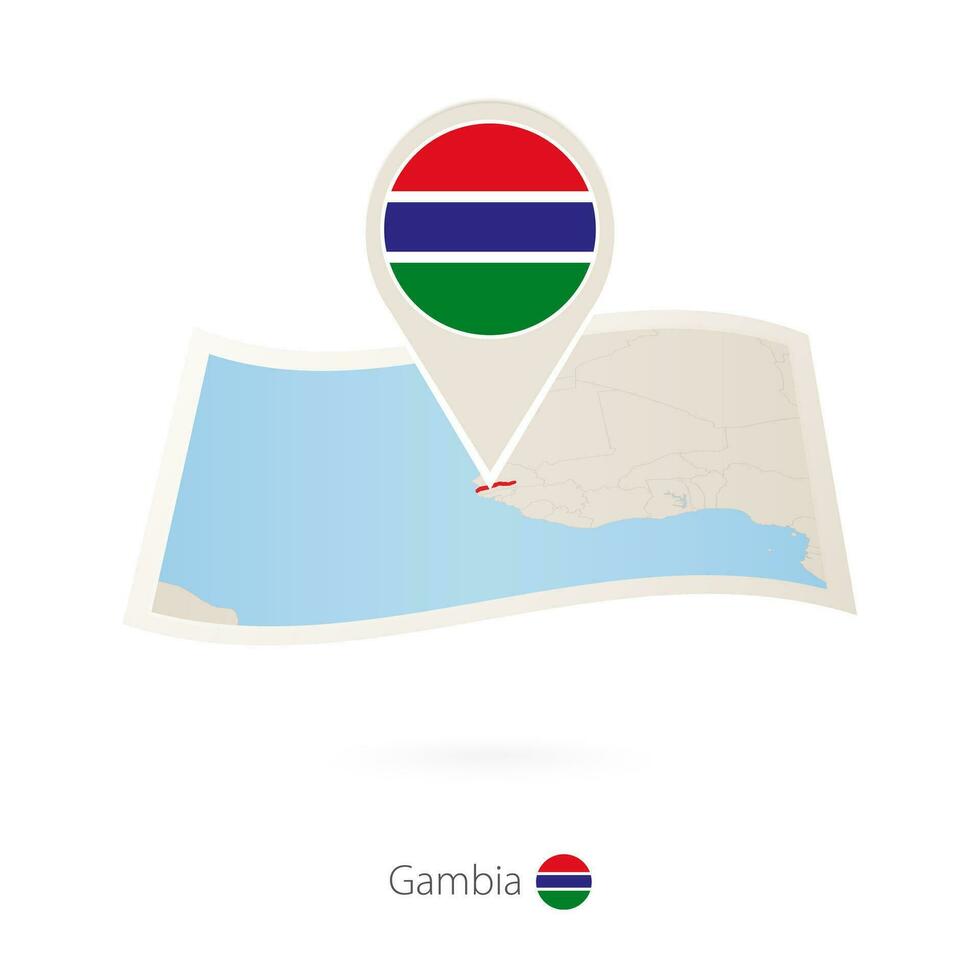 Folded paper map of Gambia with flag pin of Gambia. vector