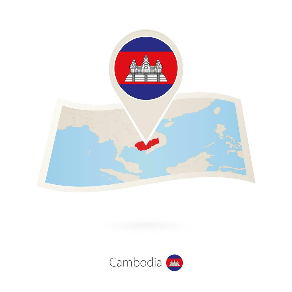 Folded paper map of Cambodia with flag pin of Cambodia. vector