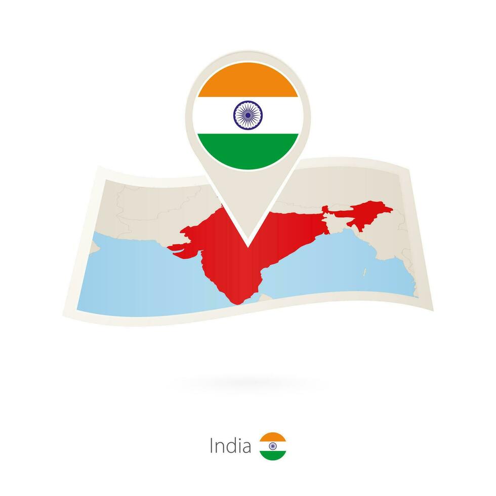 Folded paper map of India with flag pin of India. vector