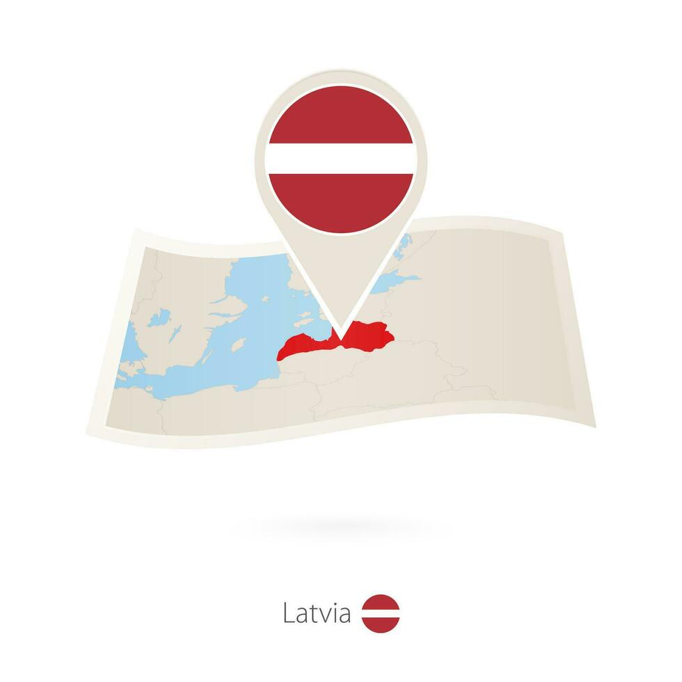 doblada papel mapa de Letonia con bandera alfiler de letonia vector