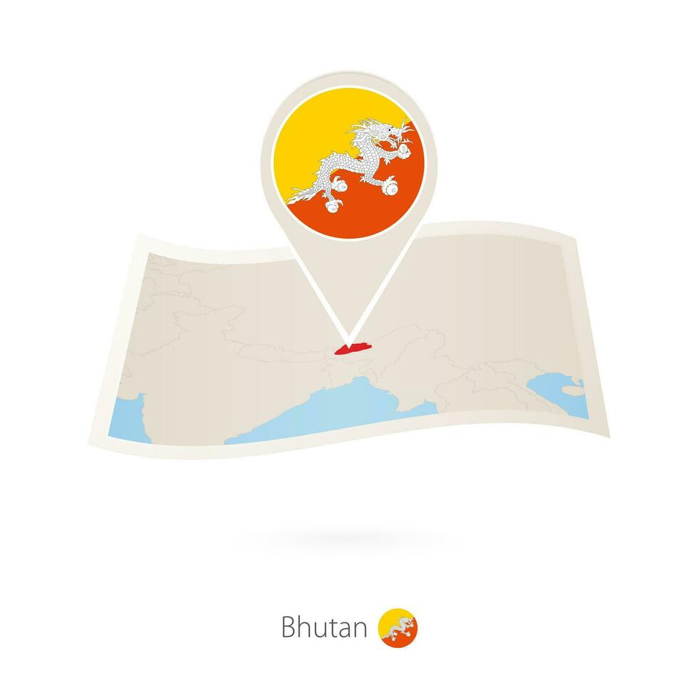 Folded paper map of Bhutan with flag pin of Bhutan. vector