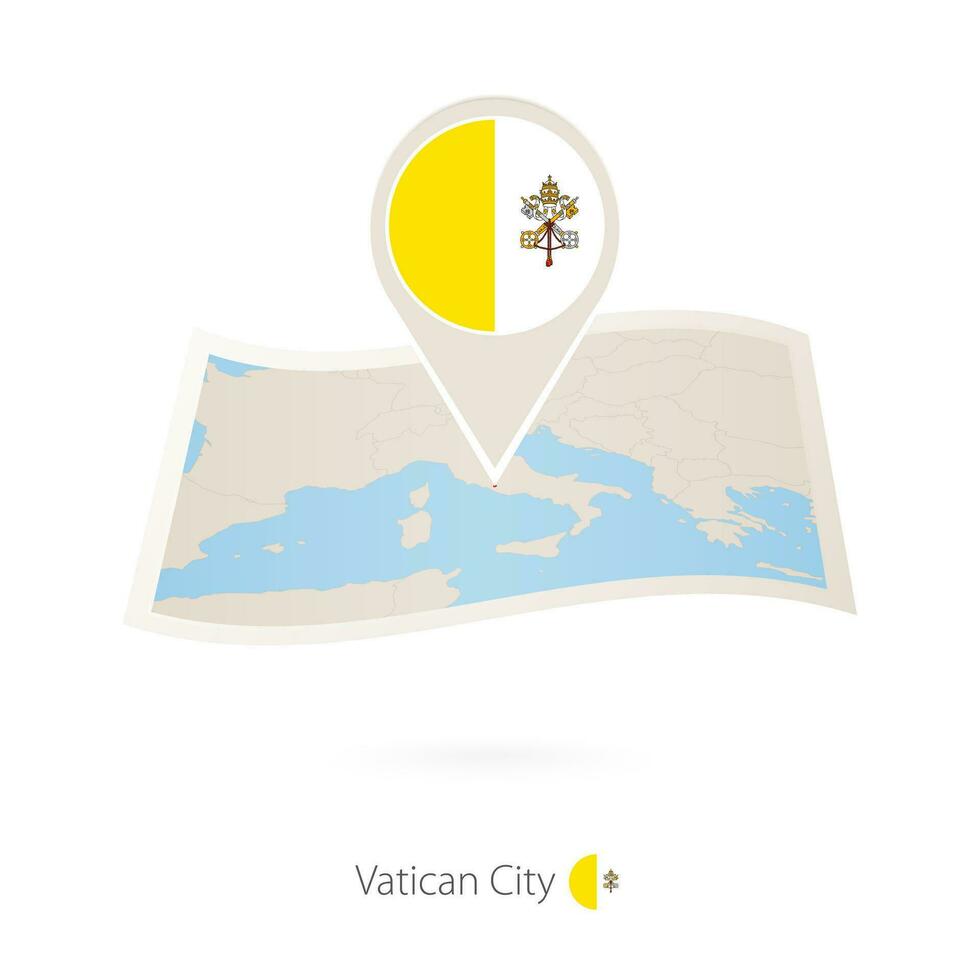 Folded paper map of Vatican City with flag pin of Vatican City. vector