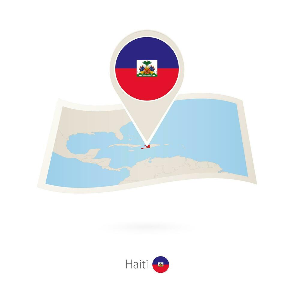 Folded paper map of Haiti with flag pin of Haiti. vector