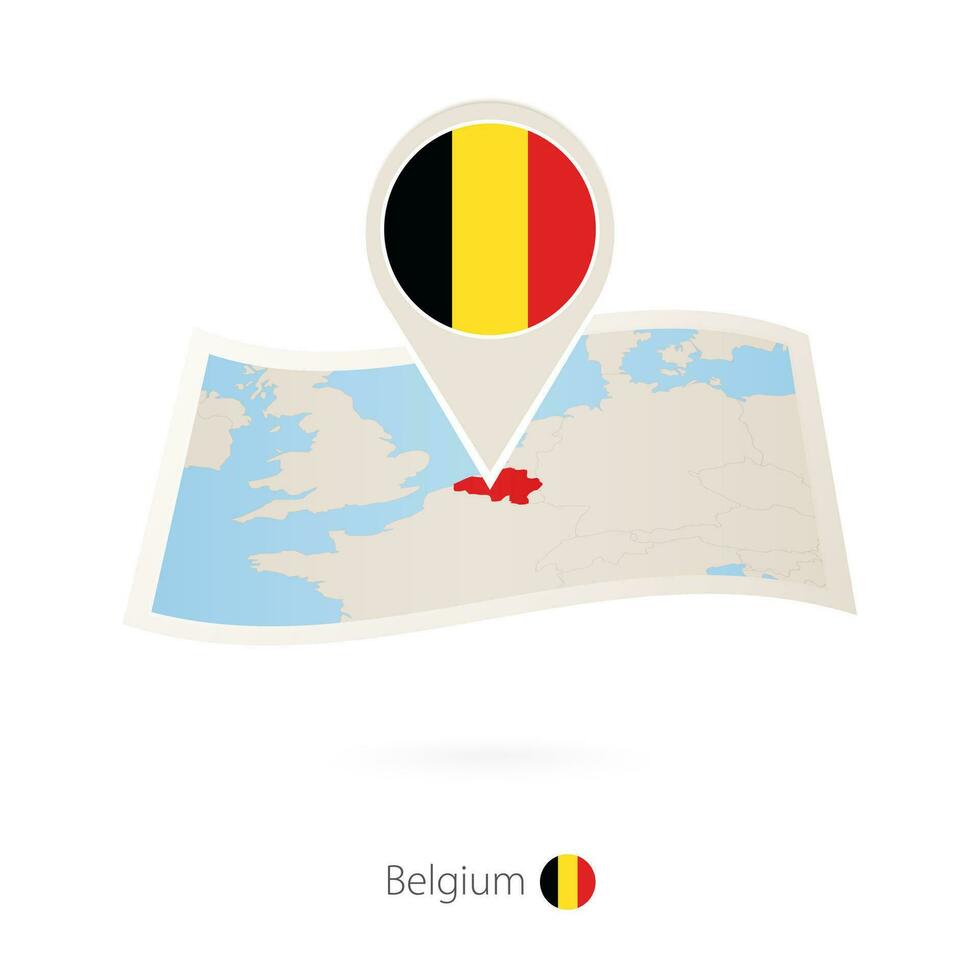 doblada papel mapa de Bélgica con bandera alfiler de Bélgica. vector