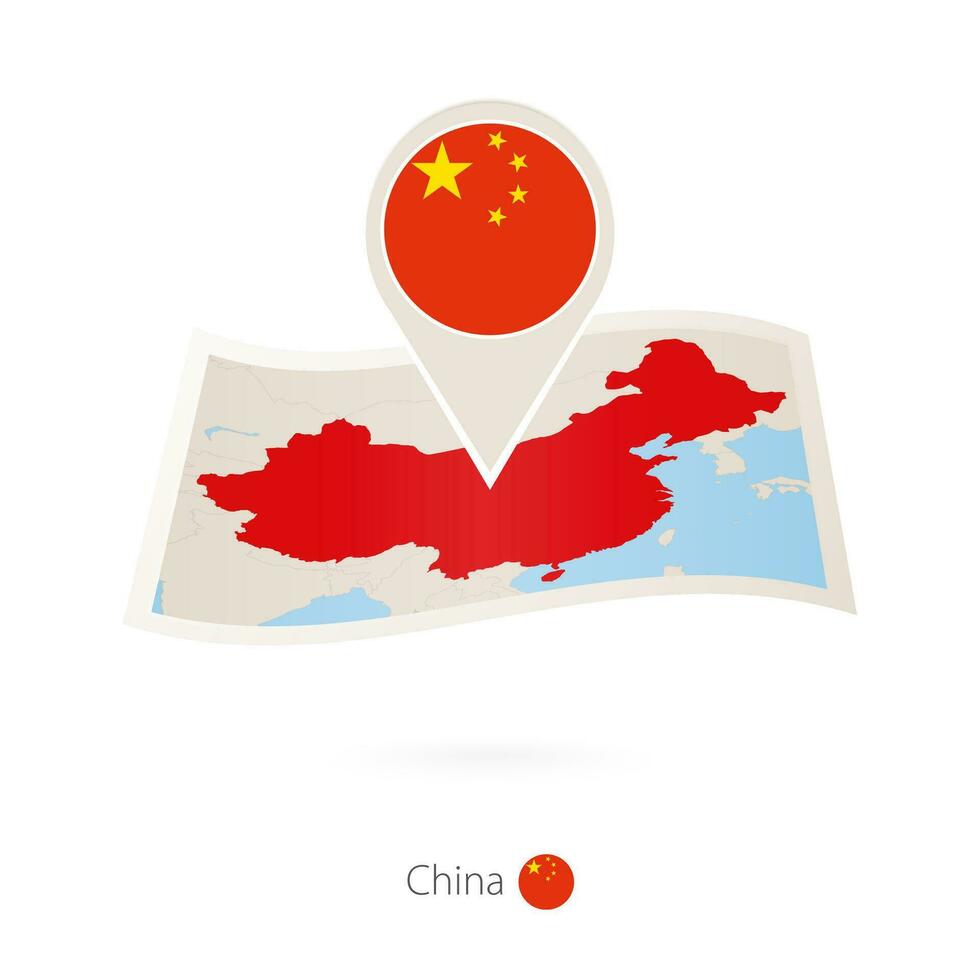 Folded paper map of China with flag pin of China. vector
